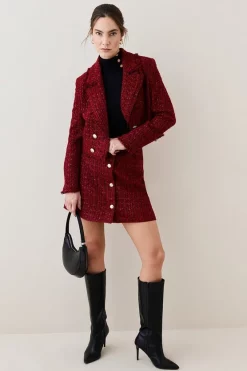 Coupon 🤩 Karen Millen Tweed Gold Button Cropped Frayed Edge Jacket - red ✨ -Karen Millen Outlet store bkk07927 red xl 4