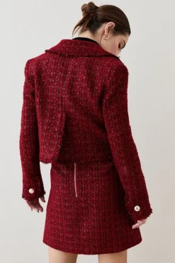 Coupon 🤩 Karen Millen Tweed Gold Button Cropped Frayed Edge Jacket - red ✨ -Karen Millen Outlet store bkk07927 red xl 5