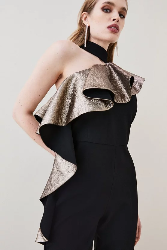 Hot Sale 🌟 Karen Millen Gold Jacquard Ruffle Structured Crepe Jumpsuit - black 🔔 4 Hot Sale 🌟 Karen Millen Gold Jacquard Ruffle Structured Crepe Jumpsuit - black 🔔 - Image 2