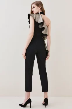 Hot Sale 🌟 Karen Millen Gold Jacquard Ruffle Structured Crepe Jumpsuit - black 🔔 10 Hot Sale 🌟 Karen Millen Gold Jacquard Ruffle Structured Crepe Jumpsuit - black 🔔 -Karen Millen Outlet store bkk07936 black xl 2