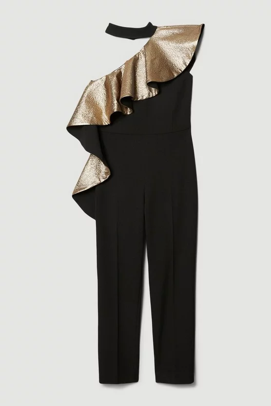 Hot Sale 🌟 Karen Millen Gold Jacquard Ruffle Structured Crepe Jumpsuit - black 🔔 6 Hot Sale 🌟 Karen Millen Gold Jacquard Ruffle Structured Crepe Jumpsuit - black 🔔 - Image 4