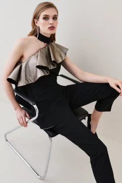 Hot Sale 🌟 Karen Millen Gold Jacquard Ruffle Structured Crepe Jumpsuit - black 🔔 12 Hot Sale 🌟 Karen Millen Gold Jacquard Ruffle Structured Crepe Jumpsuit - black 🔔 -Karen Millen Outlet store bkk07936 black xl 4