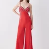 Deals 🔥 Karen Millen Embellished Lace Mix Strappy Woven Jumpsuit - raspberry 😀 -Karen Millen Outlet store bkk07957 raspberry xl