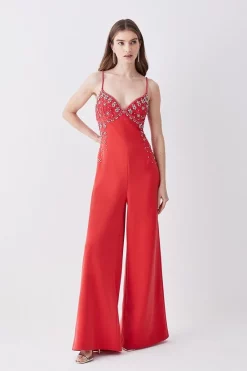 Deals 🔥 Karen Millen Embellished Lace Mix Strappy Woven Jumpsuit - raspberry 😀