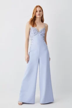 Best Sale 👏 Karen Millen Embellished Strappy Wide Leg Woven Jumpsuit - blue ✨