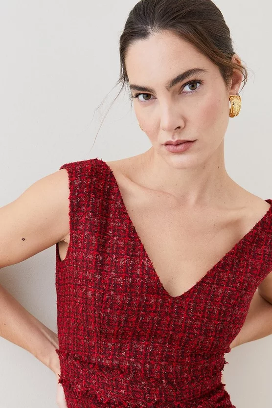 Best deal 🎁 Karen Millen Tweed Frayed Waistband Detail Midi 👗 Dress - red 🌟 4 Best deal 🎁 Karen Millen Tweed Frayed Waistband Detail Midi 👗 Dress - red 🌟 - Image 2
