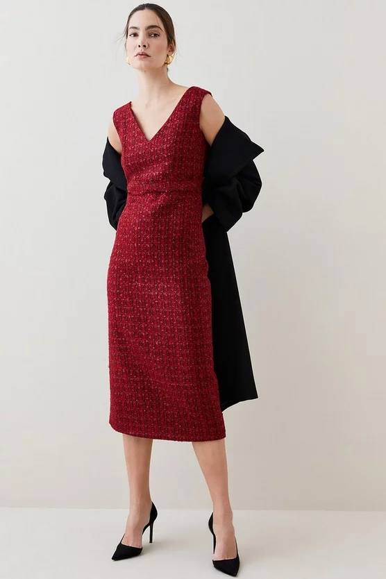 Best deal 🎁 Karen Millen Tweed Frayed Waistband Detail Midi 👗 Dress - red 🌟 7 Best deal 🎁 Karen Millen Tweed Frayed Waistband Detail Midi 👗 Dress - red 🌟 - Image 5
