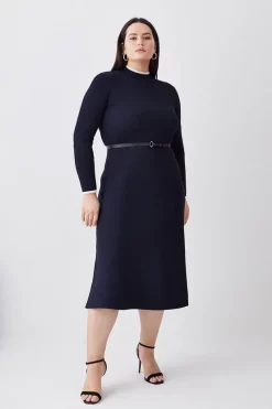 Best Sale 😍 Karen Millen Plus Size Rib Knit Belted Midi 👗 Dress - navy ❤️