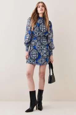 Discount 🥰 Karen Millen Tile Print Georgette Pleated Woven Mini 👗 Dress - blue 💯 -Karen Millen Outlet store bkk08059 blue xl 1