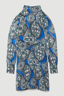 Discount 🥰 Karen Millen Tile Print Georgette Pleated Woven Mini 👗 Dress - blue 💯 -Karen Millen Outlet store bkk08059 blue xl 3