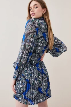 Discount 🥰 Karen Millen Tile Print Georgette Pleated Woven Mini 👗 Dress - blue 💯 -Karen Millen Outlet store bkk08059 blue xl 4