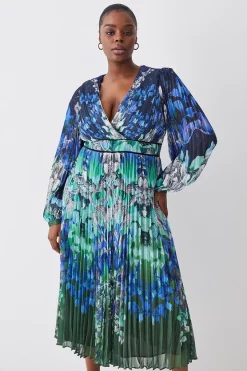 Brand new โ Karen Millen Plus Size Mirrored Ombre Floral Pleat Drama Woven Midi ๐ Dress - blue ๐