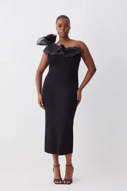 Best reviews of ๐คฉ Karen Millen Plus Size One Shoulder Organza Flower Detail Knit Midi ๐ Dress - black โจ