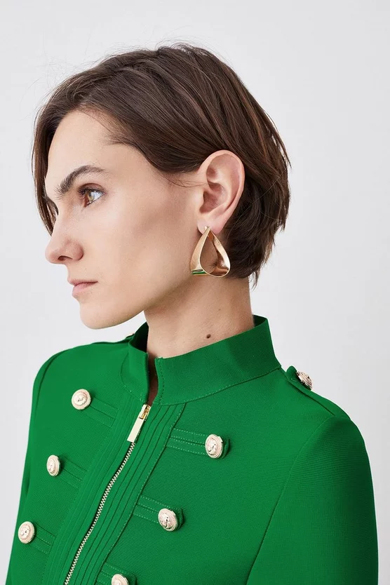 New 🔔 Karen Millen Long Sleeve Military Trim A-line Bandage Knit Mini 👗 Dress 😀 4 New 🔔 Karen Millen Long Sleeve Military Trim A-line Bandage Knit Mini 👗 Dress 😀 - Image 2