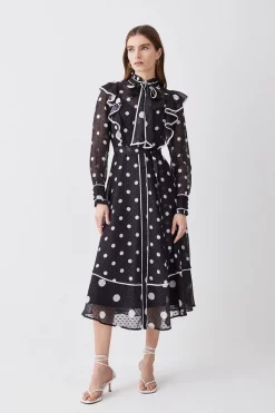 Outlet 🔥 Karen Millen Mono Mixed Dot Piped Ruffle Georgette Midi 👗 Dress ⭐