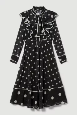 Outlet 🔥 Karen Millen Mono Mixed Dot Piped Ruffle Georgette Midi 👗 Dress ⭐ -Karen Millen Outlet store bkk08093 mono xl 3
