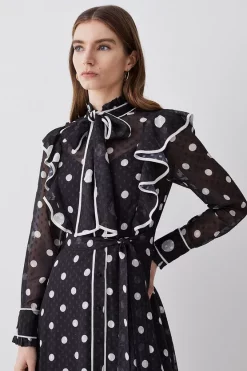 Outlet 🔥 Karen Millen Mono Mixed Dot Piped Ruffle Georgette Midi 👗 Dress ⭐ -Karen Millen Outlet store bkk08093 mono xl 5