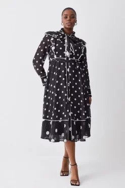 Top 10 👏 Karen Millen Plus Size Mono Mixed Dot Piped Ruffle Georgette Midi 👗 Dress 😍