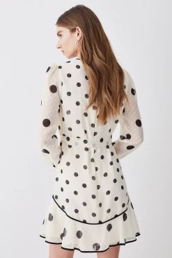 Discount 👍 Karen Millen Mixed Dot Piped Ruffle Belted Mini 👗 Dress - white 🌟 -Karen Millen Outlet store bkk08095 white xl 2