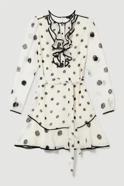 Discount 👍 Karen Millen Mixed Dot Piped Ruffle Belted Mini 👗 Dress - white 🌟 -Karen Millen Outlet store bkk08095 white xl 3