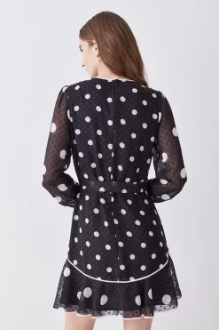 Budget 🎁 Karen Millen Mono Mixed Dot Piped Ruffle Belted Mini 👗 Dress ✔️ -Karen Millen Outlet store bkk08096 mono xl 2