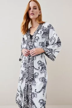 Buy 🎁 Karen Millen Conversational Leopard Satin Nightwear Robe - mono ⌛