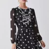 Buy ✔️ Karen Millen Petite Mono Mixed Dot Piped Ruffle Belted Mini 👗 Dress 🌟