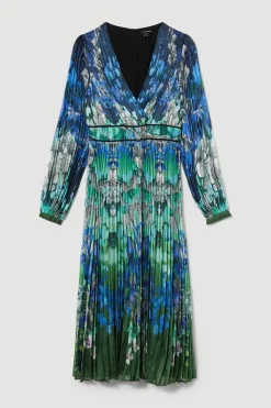 Cheap ✔️ Karen Millen Petite Mirrored Ombre Floral Pleat Drama Woven Midi 👗 Dress - blue ⭐ -Karen Millen Outlet store bkk08127 blue xl 3