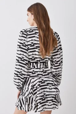 Outlet 🧨 Karen Millen Geo Print Satin Piped Tiered Belted Mini 👗 Dress ✔️ -Karen Millen Outlet store bkk08146 geo xl 2