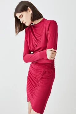 Best Sale ⭐ Karen Millen Jersey Crepe Rouched Long Sleeve Mini 👗 Dress - fuchsia 🔥