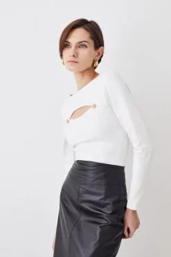Deals ❤️ Karen Millen Cut Out Gold Trim Long Sleeve Ponte Top 🧨