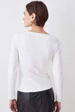 Deals ❤️ Karen Millen Cut Out Gold Trim Long Sleeve Ponte Top 🧨 -Karen Millen Outlet store bkk08169 ivory xl 2