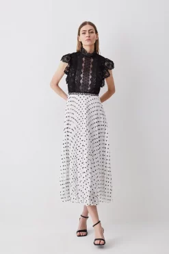 Best Pirce 👏 Karen Millen Guipure Lace Dot Pleated 👗 Skirt Midi 👗 Dress - mono 🎉