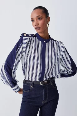 Best deal ⭐ Karen Millen Military Stripe Woven Blouse - navy 🥰