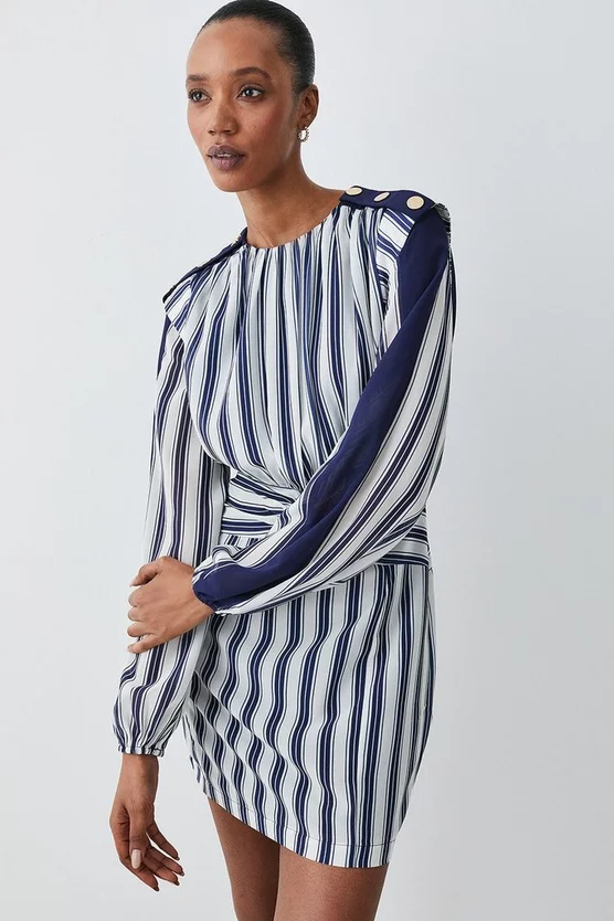 Brand new ❤️ Karen Millen Military Stripe Twist Detail Mini 👗 Dress - navy 👏 3 Brand new ❤️ Karen Millen Military Stripe Twist Detail Mini 👗 Dress - navy 👏