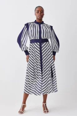 Coupon 🥰 Karen Millen Plus Size Military Stripe Woven Midi 👗 Dress - navy 🧨