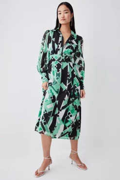 Promo 🎉 Karen Millen Jigsaw Geo Georgette Pleated Woven 👕 Shirt 👗 Dress 🤩