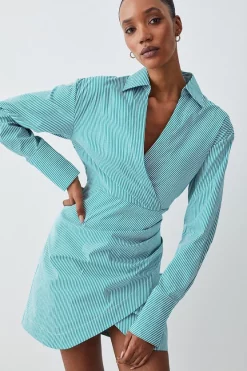 Best deal 🎁 Karen Millen Cotton Stripe Wrap Detail Mini 👚 Shirt 👗 Dress - green 🎉