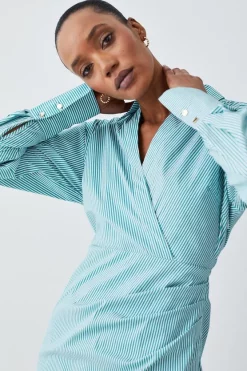 Best deal 🎁 Karen Millen Cotton Stripe Wrap Detail Mini 👚 Shirt 👗 Dress - green 🎉 -Karen Millen Outlet store bkk08249 green xl 2