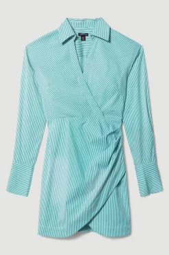 Best deal 🎁 Karen Millen Cotton Stripe Wrap Detail Mini 👚 Shirt 👗 Dress - green 🎉 -Karen Millen Outlet store bkk08249 green xl 3