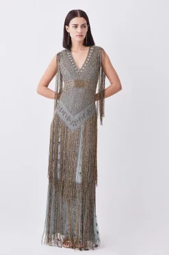 Flash Sale 😀 Karen Millen Petite Beaded Fringed Woven Maxi 👗 Dress - sage ❤️