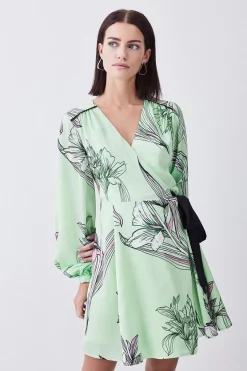 Best Sale 😉 Karen Millen Petite Floral 🔨 Hammered Satin Woven Wrap Mini 👗 Dress - green 🎁