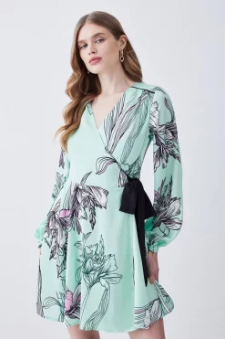 Cheap 🤩 Karen Millen Floral 🔨 Hammered Satin Woven Wrap Mini 👗 Dress - green 🔥