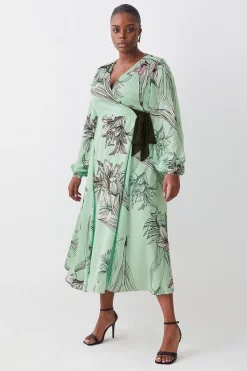 Promo ๐ Karen Millen Plus Size Floral ๐จ Hammered Satin Woven Wrap Midi ๐ Dress - green โค๏ธ