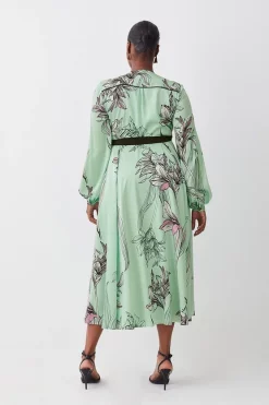 Promo 😍 Karen Millen Plus Size Floral 🔨 Hammered Satin Woven Wrap Midi 👗 Dress - green ❤️ -Karen Millen Outlet store bkk08265 green xl 2