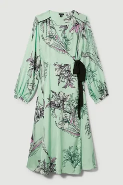 Promo 😍 Karen Millen Plus Size Floral 🔨 Hammered Satin Woven Wrap Midi 👗 Dress - green ❤️ -Karen Millen Outlet store bkk08265 green xl 3