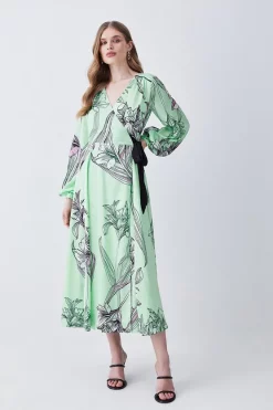 Buy 🔔 Karen Millen Floral 🔨 Hammered Satin Woven Wrap Midi 👗 Dress - green 🔥