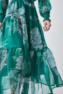 Outlet 🎁 Karen Millen Floral Bloom Shirred Detail Woven Maxi 👗 Dress - green ✨ -Karen Millen Outlet store bkk08323 green xl 1