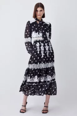 Discount ๐คฉ Karen Millen Polka Dot Mix Lace & Embroidery Maxi ๐ Dress - black ๐ฅฐ