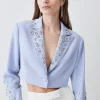 New 🧨 Karen Millen Embellished Stretch Woven Cropped Jacket - blue 🔔